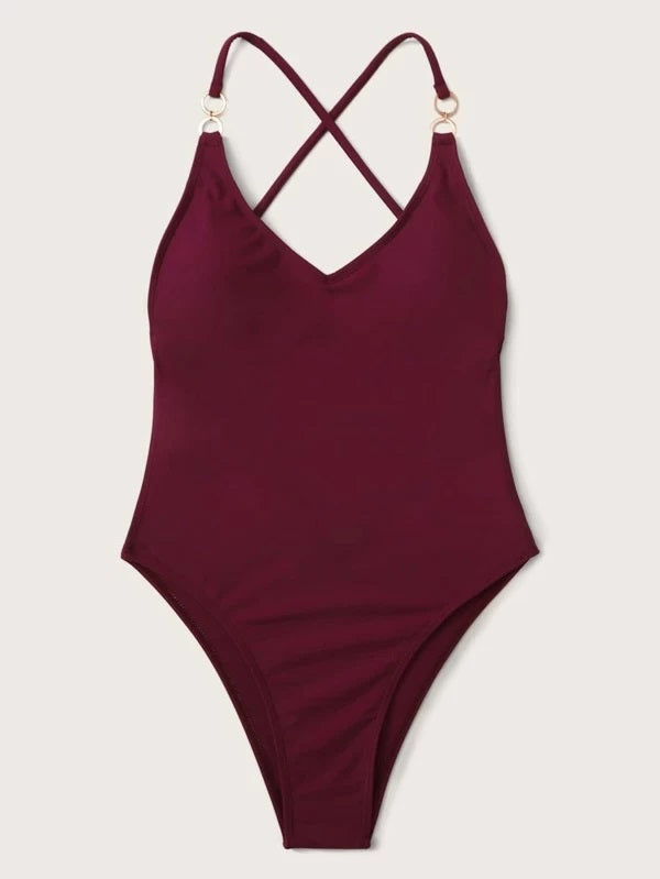 CM-SWS113786 Women Trendy Seoul Style Ring Linked Criss Cross One Piece Swimsuit - Wine Red