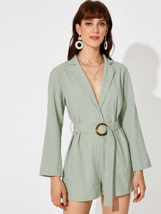 CM-JS106551 Women Casual Seoul Style Notched Collar Long Sleeve Belted Shirt Romper - Green