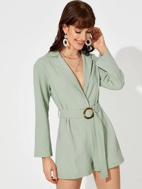 CM-JS106551 Women Casual Seoul Style Notched Collar Long Sleeve Belted Shirt Romper - Green