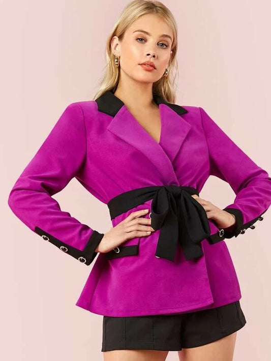 CM-CS218316 Women Elegant Seoul Style Notched Collar Buttoned Cuff Belted Blazer - Purple