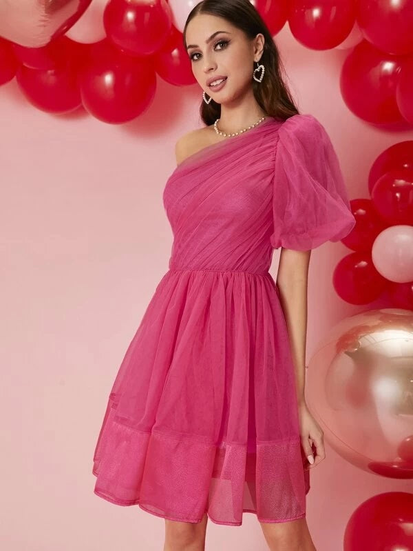CM-DS221569 Women Elegant Seoul Style One Shoulder Puff Sleeve Mesh Overlay Dress - Pink