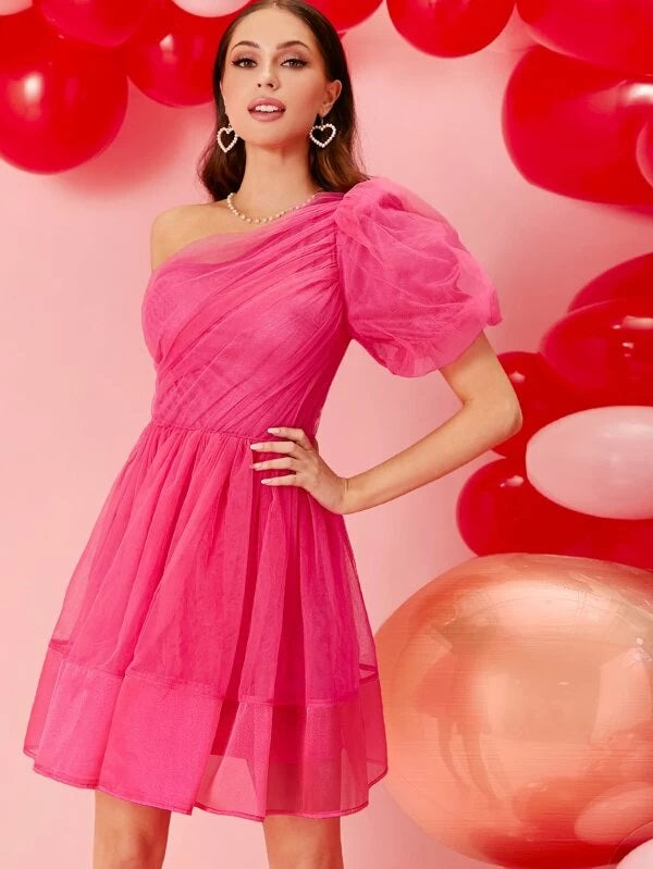 CM-DS221569 Women Elegant Seoul Style One Shoulder Puff Sleeve Mesh Overlay Dress - Pink