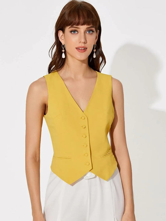 CM-CS219913 Women Casual Seoul Style Sleeveless Buttoned Front Hanky Hem Vest Jacket - Yellow