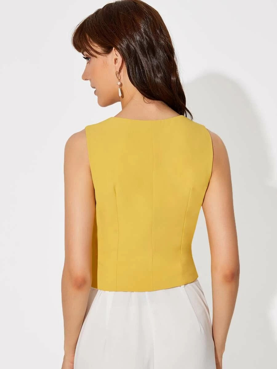 CM-CS219913 Women Casual Seoul Style Sleeveless Buttoned Front Hanky Hem Vest Jacket - Yellow