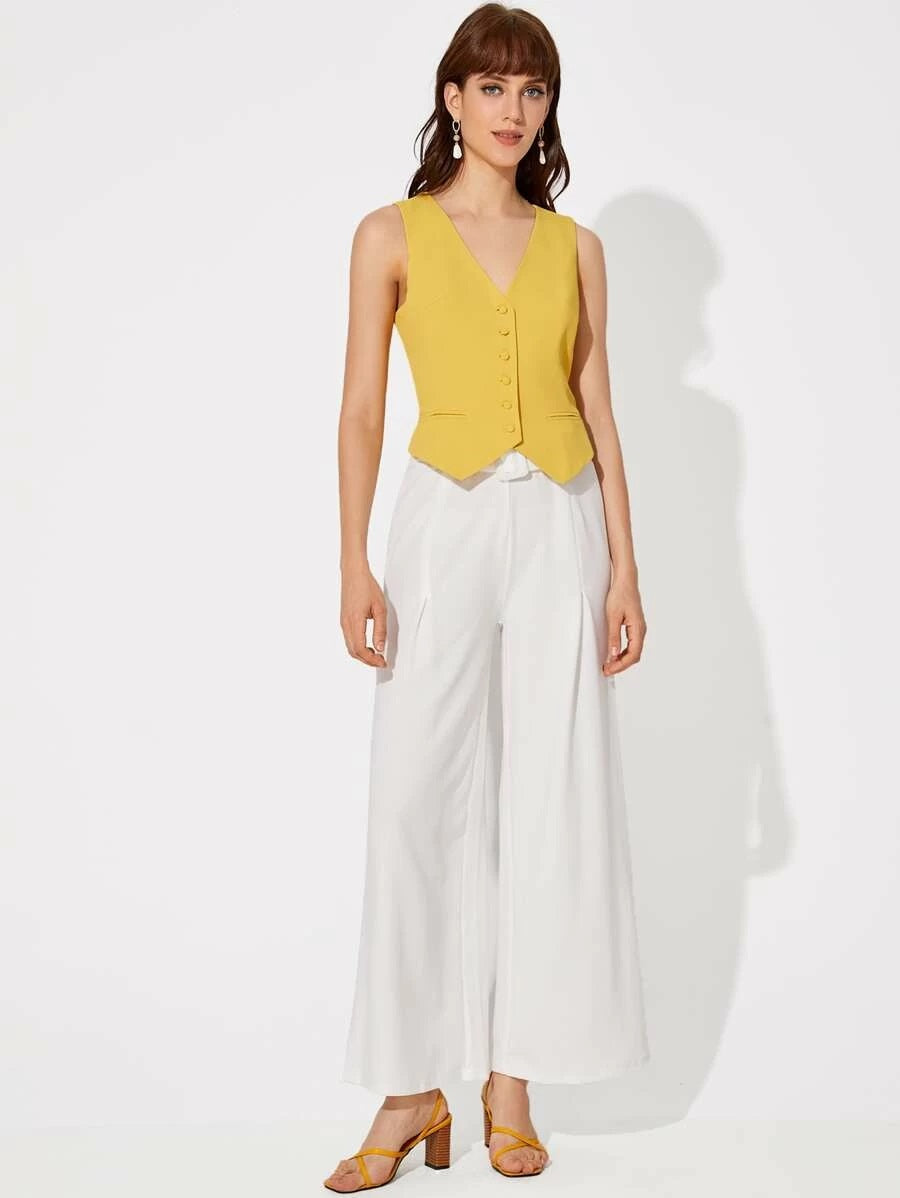 CM-CS219913 Women Casual Seoul Style Sleeveless Buttoned Front Hanky Hem Vest Jacket - Yellow