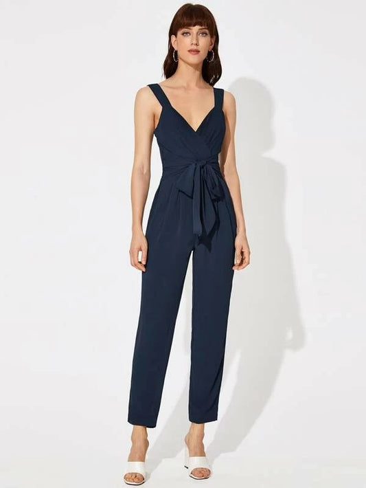 CM-JS207970 Women Elegant Seoul Style Sleeveless Surplice Neck Tie Front Solid Jumpsuit - Navy Blue