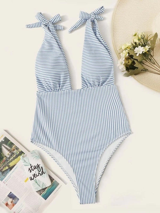 CM-SWS114072 Women Trendy Seoul Style Striped Tie Shoulder Plunging One Piece Swimsuit - Blue