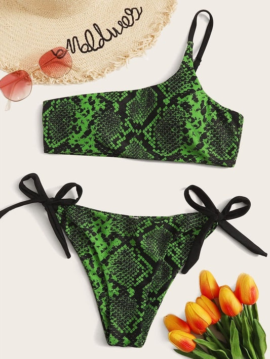CM-SWS114861 Women Trendy Seoul Style Snakeskin One Shoulder Top With Tie Side Bikini Set