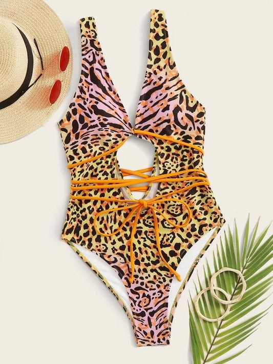 CM-SWS114611 Women Trendy Seoul Style Tie Front Leopard Pattern One Piece Swimsuit