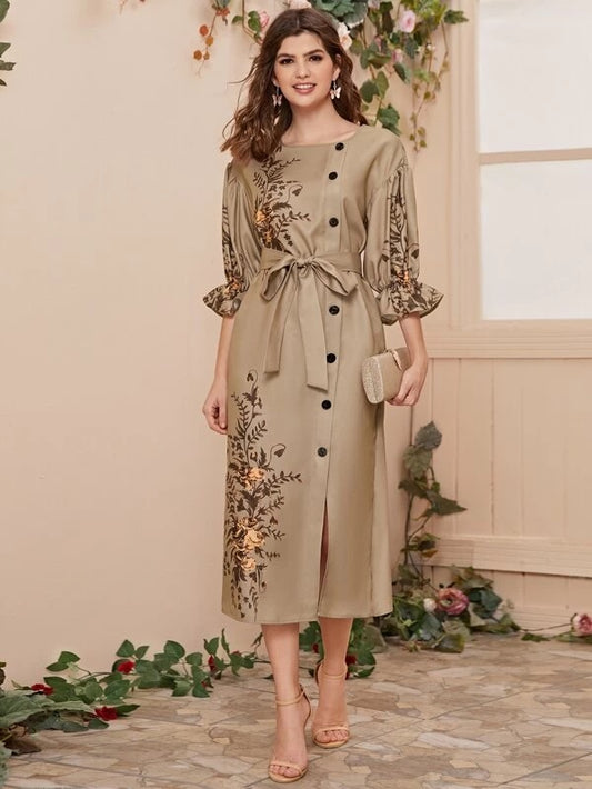 CM-DS109826 Women Casual Seoul Style Button Front Belted Flounce Sleeve Floral Print Dress - Khaki