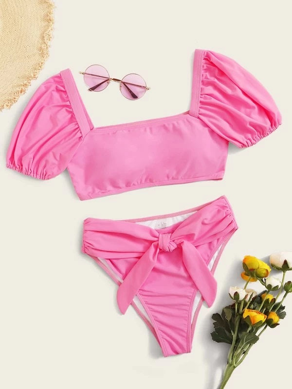 CM-SWS115075 Women Trendy Seoul Style Puff Sleeve Top With Tie Front Bikini Set - Pink
