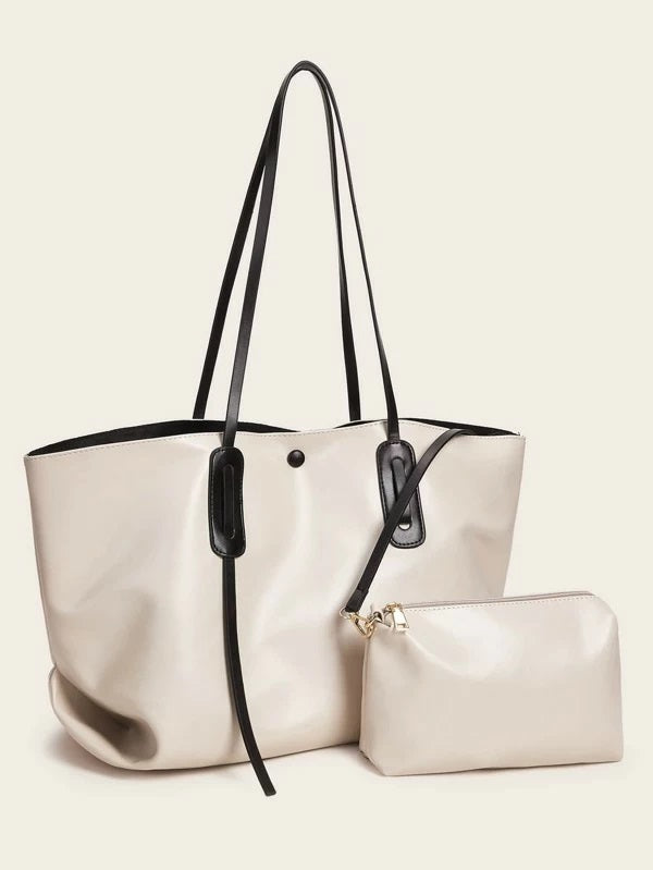 CM-BGS115607 Women Casual Seoul Style Minimalist Tote Bag With Inner Pouch - Beige