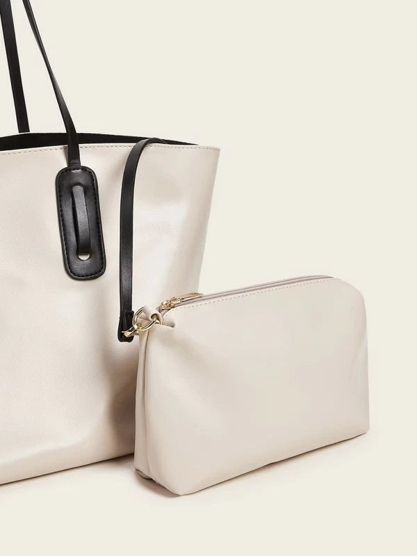 CM-BGS115607 Women Casual Seoul Style Minimalist Tote Bag With Inner Pouch - Beige