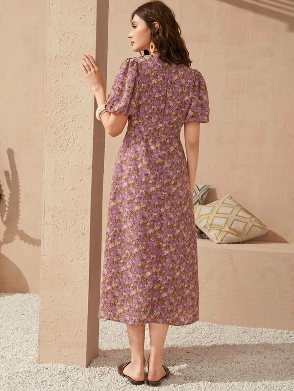CM-DS103139 Women Trendy Bohemian Style Puff Sleeve Split Thigh Floral Print Dress