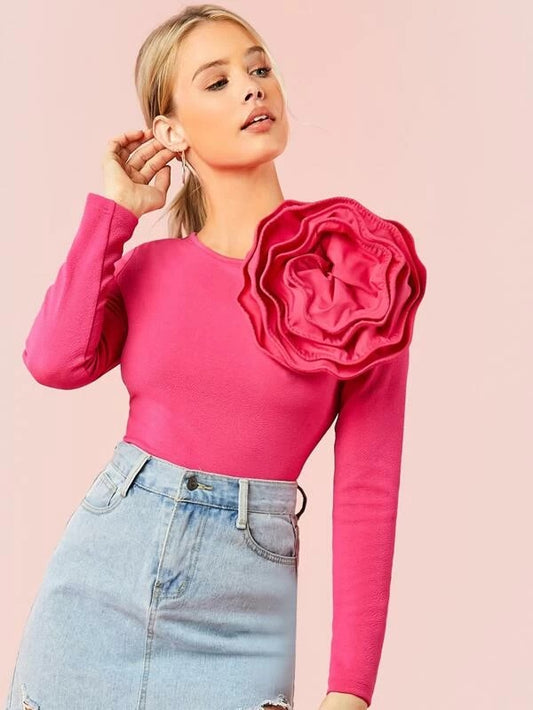CM-TS212620 Women Trendy Seoul Style Long Sleeve Exaggerated Flower Applique Fitted Top - Pink