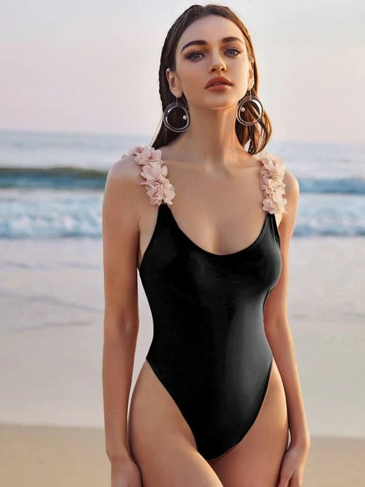 CM-SWS110828 Women Trendy Seoul Style Floral Appliques One Piece Swimsuit - Black
