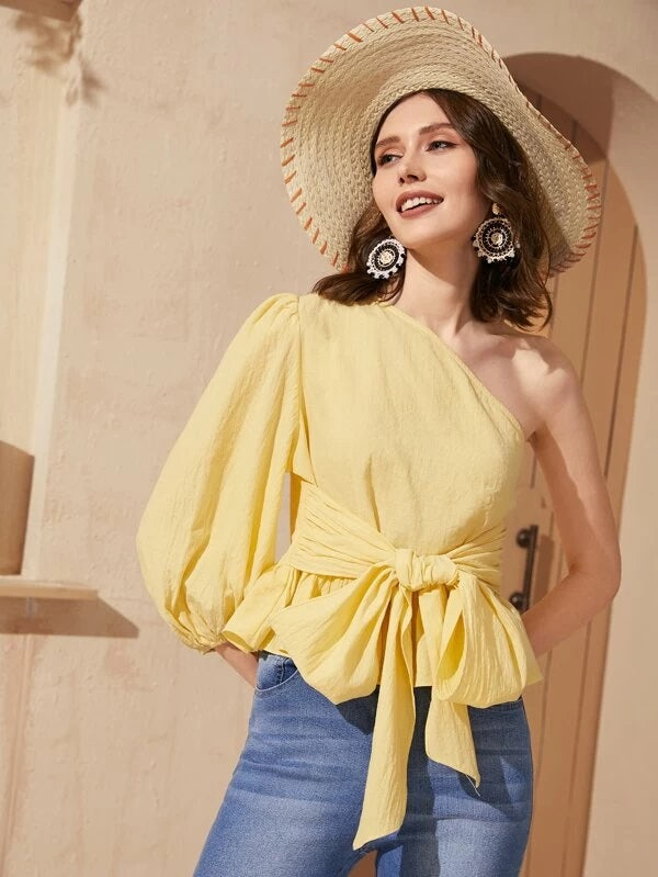 CM-TS206608 Women Casual Seoul Style One Shoulder Bishop Sleeve Belted Peplum Top - Yellow