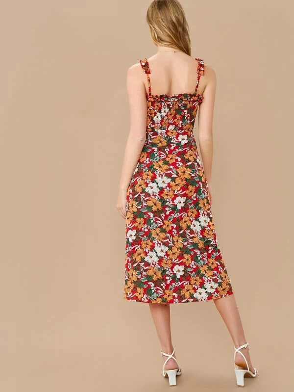 CM-DS224135 Women Bohemian Style Sleeveless Ruffle Strap Split Hem Floral Dress
