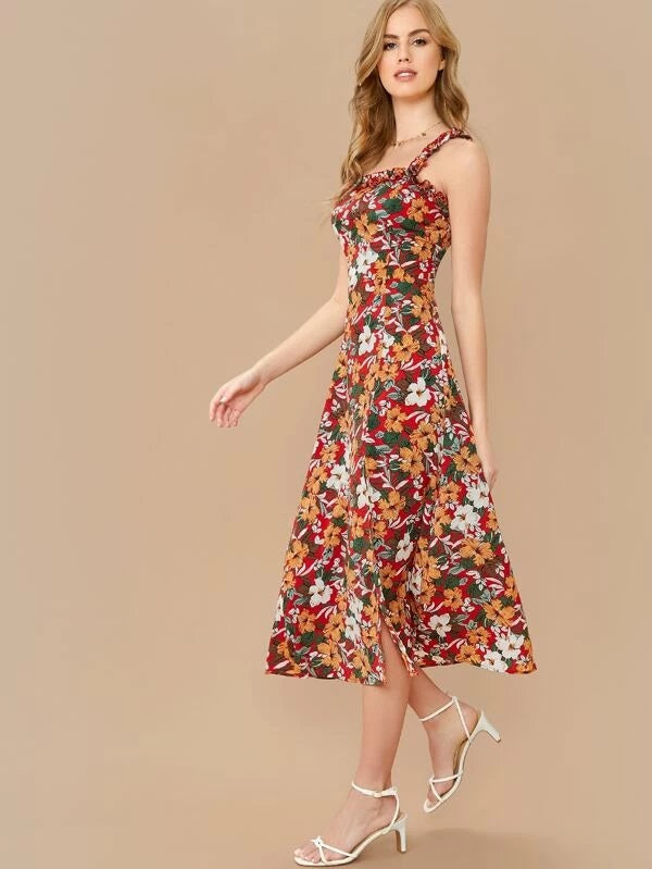 CM-DS224135 Women Bohemian Style Sleeveless Ruffle Strap Split Hem Floral Dress