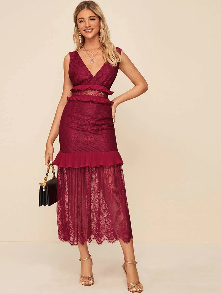 CM-DS228254 Women Elegant Seoul Style Ruffle Trim Open Back Sleeveless Lace Dress - Wine Red