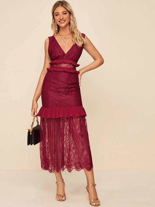 CM-DS228254 Women Elegant Seoul Style Ruffle Trim Open Back Sleeveless Lace Dress - Wine Red