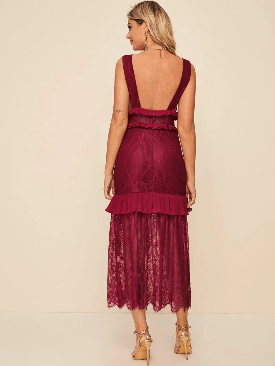 CM-DS228254 Women Elegant Seoul Style Ruffle Trim Open Back Sleeveless Lace Dress - Wine Red