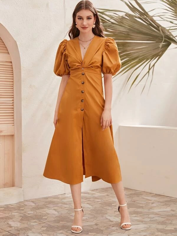 CM-DS227574 Women Casual Seoul Style V-Neck Twist Button Front Puff Sleeve Midi Dress - Camel