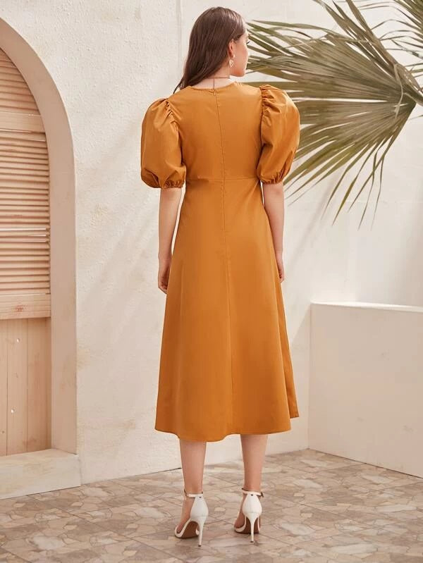 CM-DS227574 Women Casual Seoul Style V-Neck Twist Button Front Puff Sleeve Midi Dress - Camel