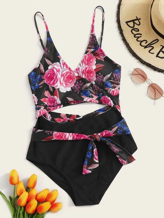 CM-SWS116238 Women Trendy Seoul Style Wrap Random Floral Print One Piece Swimsuit