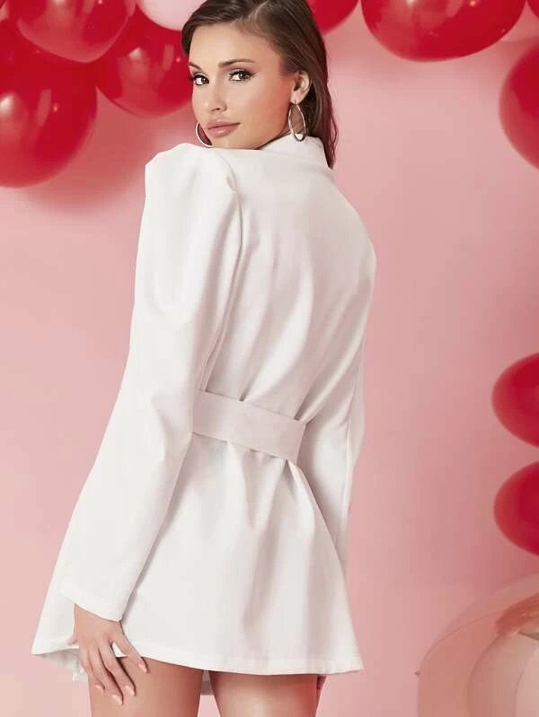 CM-CS129592 Women Elegant Seoul Style Notch Collar Buckle Belted Gigot Sleeve Blazer - White