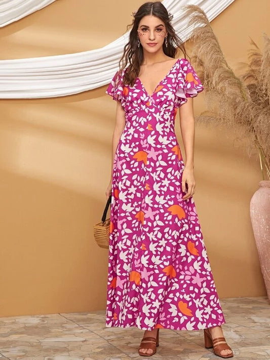 CM-DS116688 Women Casual Seoul Style Short Sleeve Tie Back Graphic Pattern Crisscross Dress - Pink