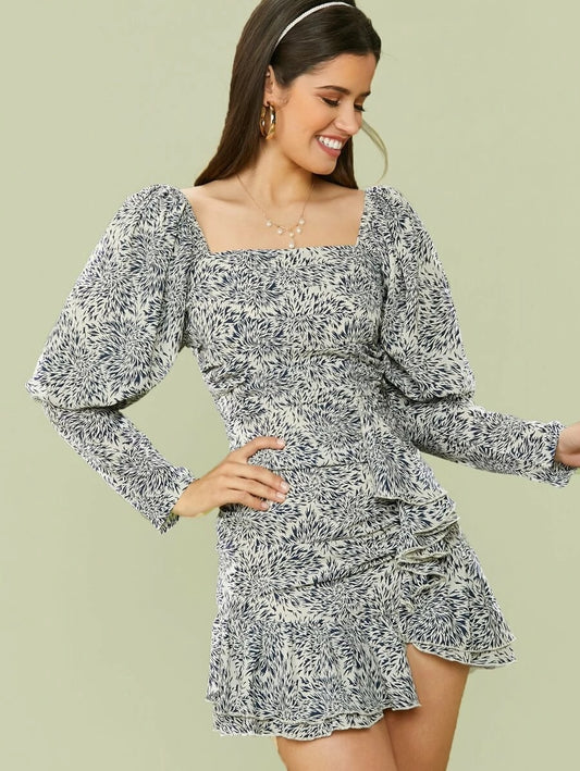 CM-DS230402 Women Elegant Seoul Style Gigot Sleeve Ruffle Trim Ruched Allover Print Dress