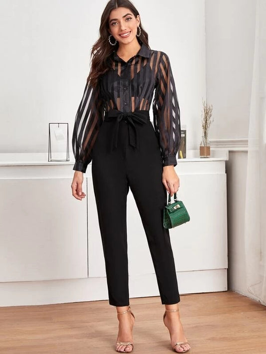 CM-JS230755 Women Elegant Seoul Style Bishop Sleeve Mesh Panel Belted Shirt Jumpsuit - Black