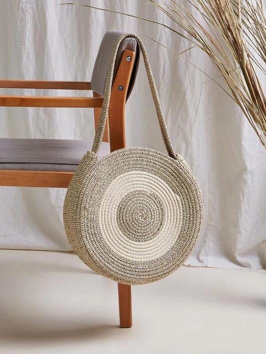 CM-BGS203575 Women Trendy Bohemian Style Two Tone Round Woven Tote Bag - Beige