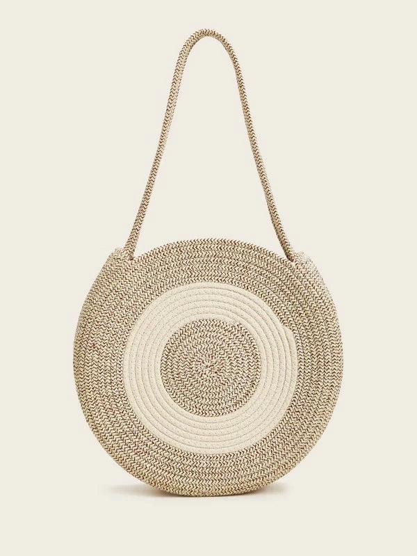 CM-BGS203575 Women Trendy Bohemian Style Two Tone Round Woven Tote Bag - Beige