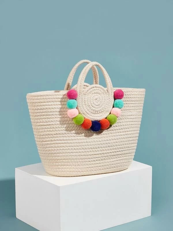 CM-BGS203154 Women Trendy Bohemian Style Pom Pom Decor Woven Satchel Bag - White