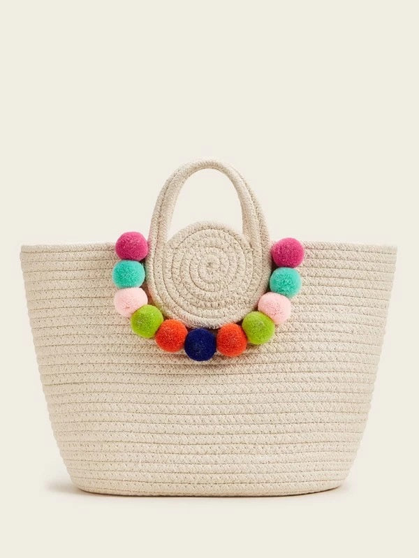 CM-BGS203154 Women Trendy Bohemian Style Pom Pom Decor Woven Satchel Bag - White