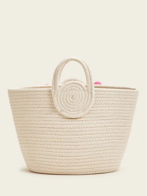 CM-BGS203154 Women Trendy Bohemian Style Pom Pom Decor Woven Satchel Bag - White