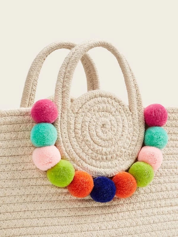 CM-BGS203154 Women Trendy Bohemian Style Pom Pom Decor Woven Satchel Bag - White