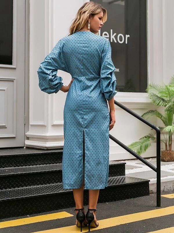 CM-DS206985 Women Elegant Seoul Style V-Neck Slit Hem Bishop Sleeve Polka Dot Dress - Blue