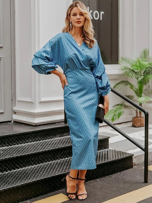 CM-DS206985 Women Elegant Seoul Style V-Neck Slit Hem Bishop Sleeve Polka Dot Dress - Blue