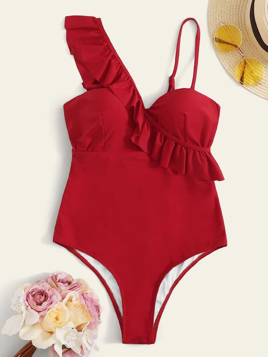 CM-SWS207893 Women Trendy Seoul Style Ruffle Trim Underwired One Piece Swimsuit - Red