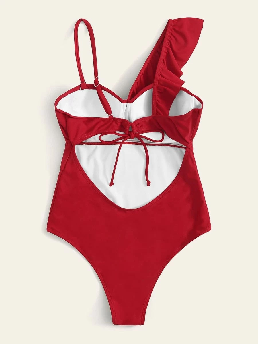 CM-SWS207893 Women Trendy Seoul Style Ruffle Trim Underwired One Piece Swimsuit - Red