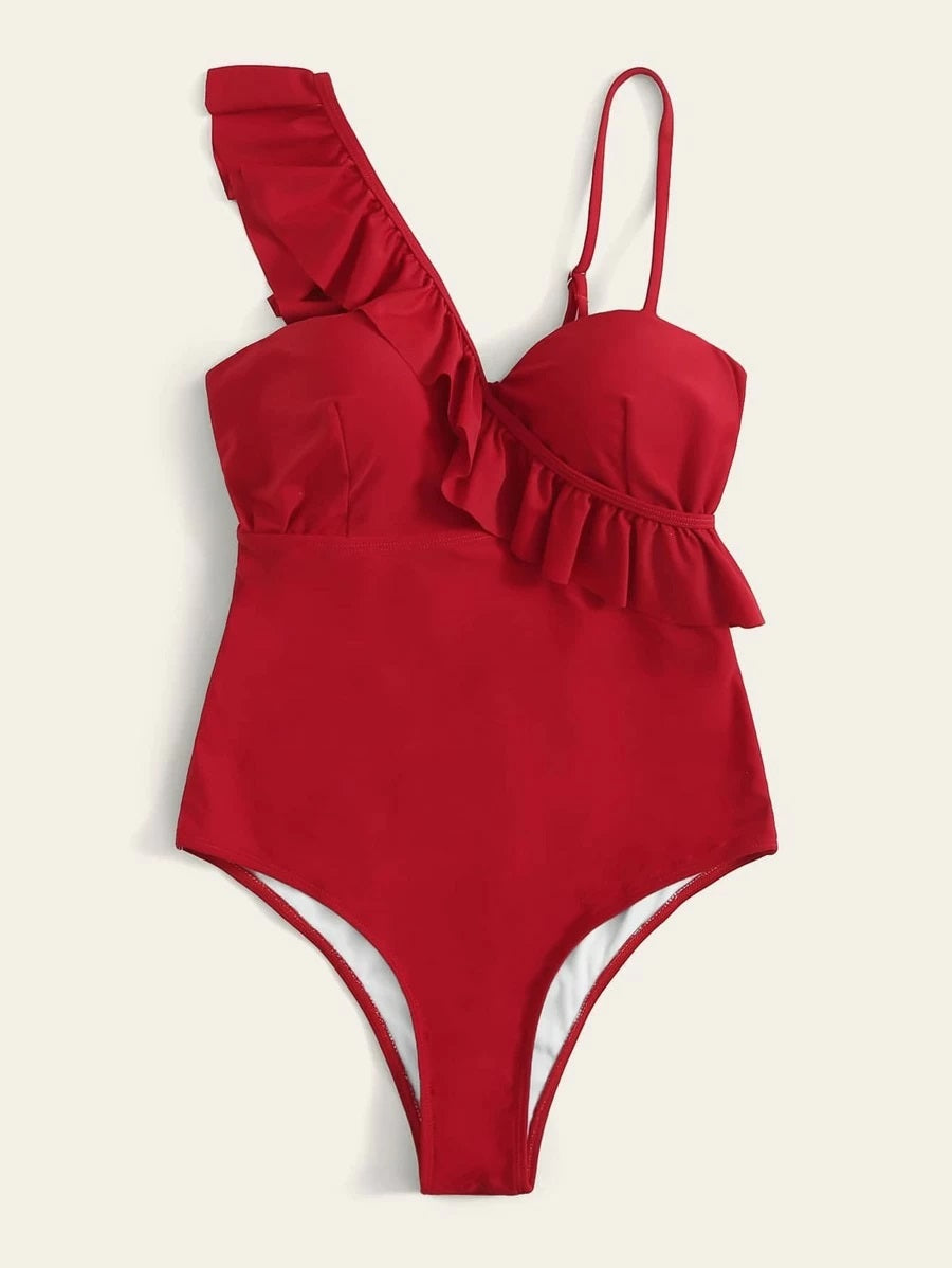 CM-SWS207893 Women Trendy Seoul Style Ruffle Trim Underwired One Piece Swimsuit - Red