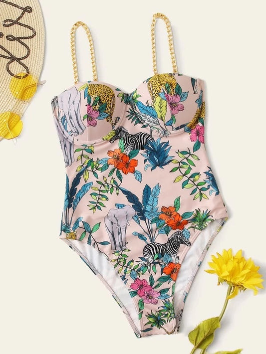 CM-SWS207634 Women Trendy Seoul Style Underwire Tropical Print One Piece Swimsuit