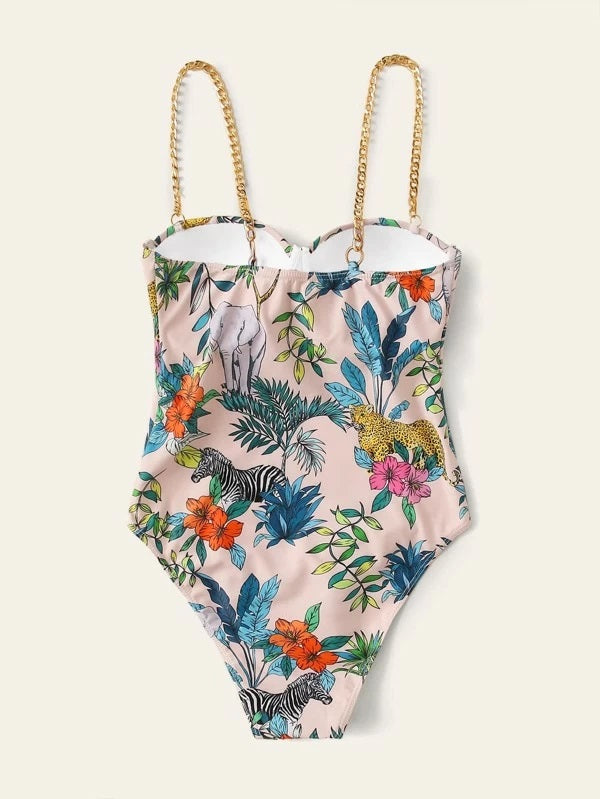 CM-SWS207634 Women Trendy Seoul Style Underwire Tropical Print One Piece Swimsuit