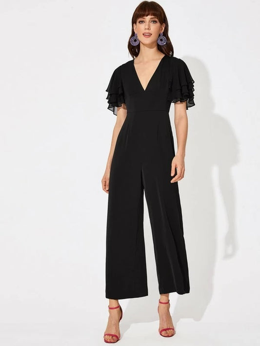 CM-JS224390 Women Elegant Seoul Style V-Neck Layered Sleeve Wide Leg Jumpsuit - Black