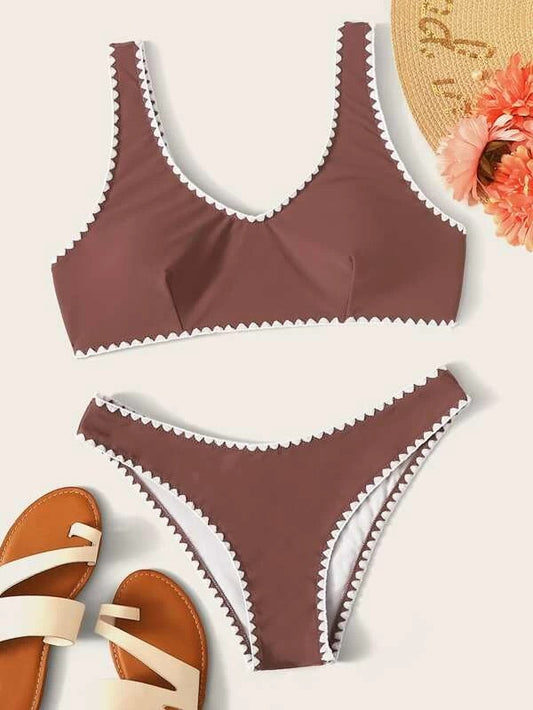 CM-SWS213718 Women Trendy Seoul Style Whip Stitch Top With Panty Bikini Set - Brown