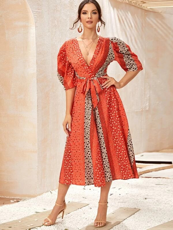 CM-DS207995 Women Elegant Seoul Style Deep V-Neck Ditsy Floral Self Tie Puff Sleeve Dress - Red