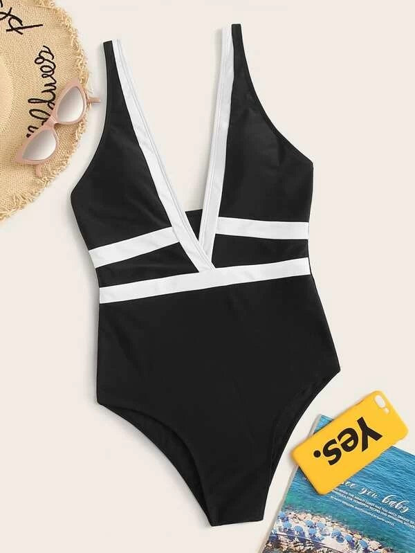 CM-SWS214480 Women Trendy Seoul Style Colorblock Plunge One Piece Swimsuit - Black